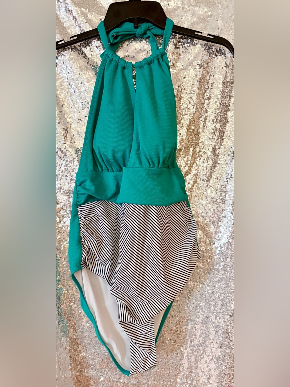 Cupshe Teal Halter One-Piece with Striped bottom. Keyhole design